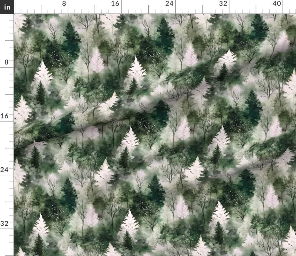 Small Endless Winter Tree Dreamscape Trees in Deep Green Misty Forest F Fabric design