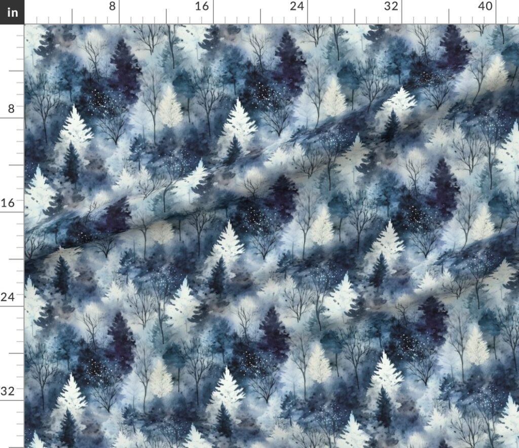Small Endless Winter Tree Dreamscape Trees in Deep Blue Misty Forest Fabric design