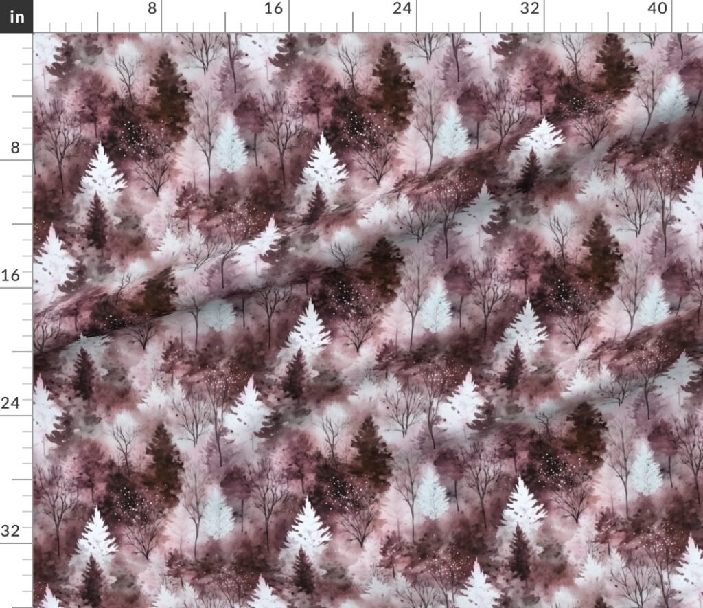 Small Endless Winter Tree Dreamscape Trees in Dusty Rose Misty Forest F Fabric design